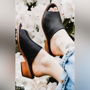 Patina Leather Open-Toe Mule Heels